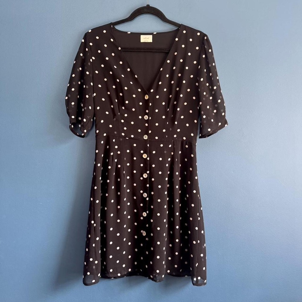 Aritzia Wilfred Polka Dot Dress Women's Size 6 Black White Button Front Twee - Picture 2 of 8